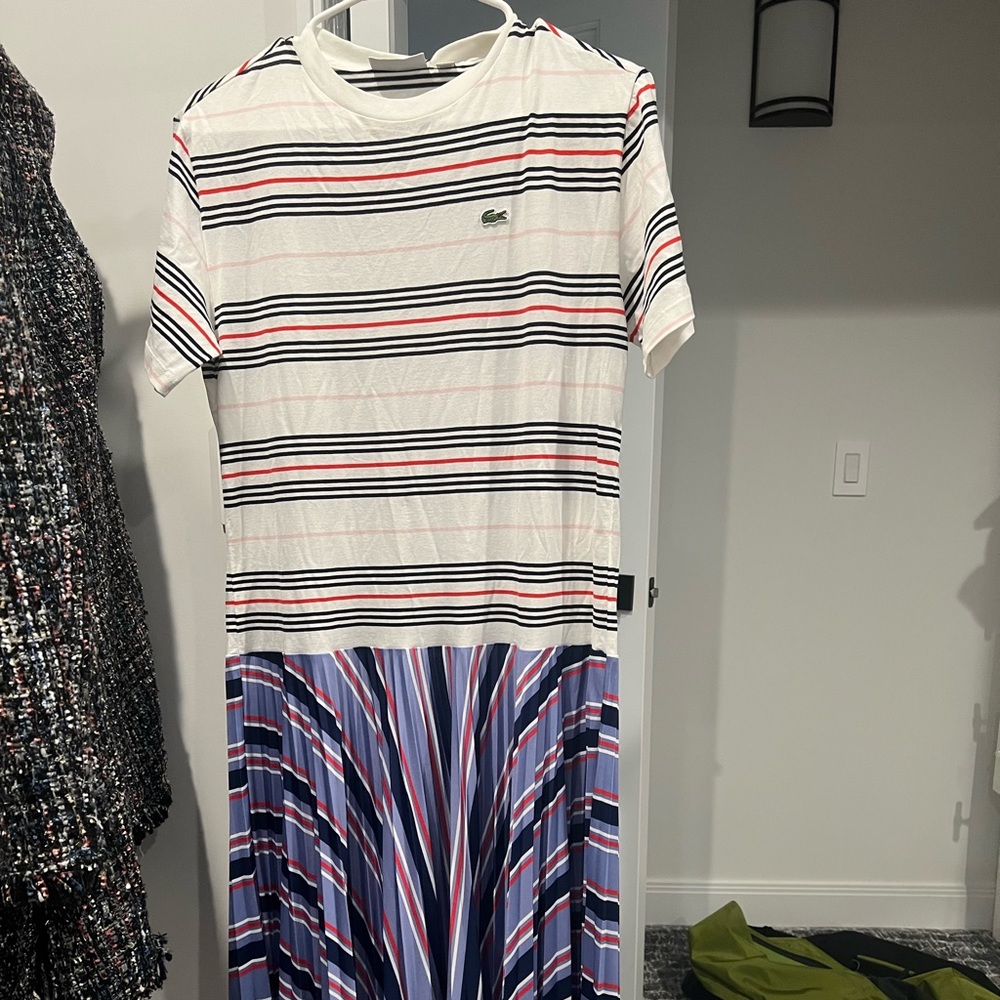 Lacoste White Striped Maxi Dress with Blue Paneled Skirt